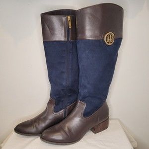 Tommy Hilfiger Blue Faux Suede Brown Leather Riding Boots Size women 10 M